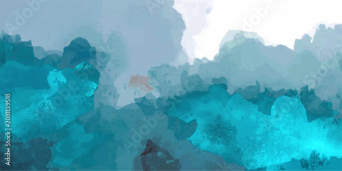 Cuadro en lienzo Abstract watercolor mountain landscape with clouds and ocean sky textures, blue