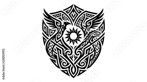 Tribal Shield Crest with Mythical Phoenix and Dragon Emblem