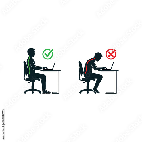 Obraz na plátne Two people sitting at desks with proper and improper posture while working on la