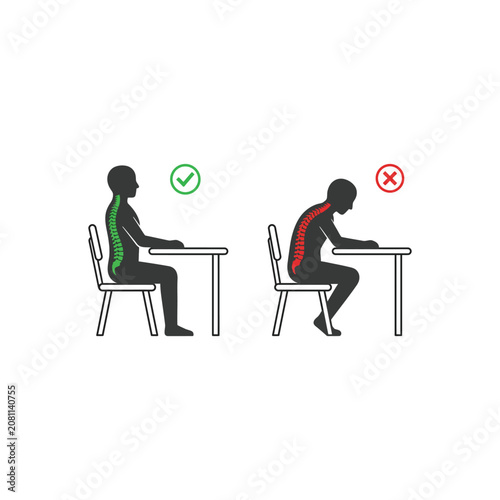 Fotografie Proper and improper sitting postures compared side by side on chairs vector illu