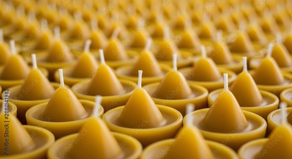 Fototapeta premium Rows of small, conical yellow beeswax candles with wicks, arranged in a repetitive pattern, captured in a close-up view with a shallow depth of field