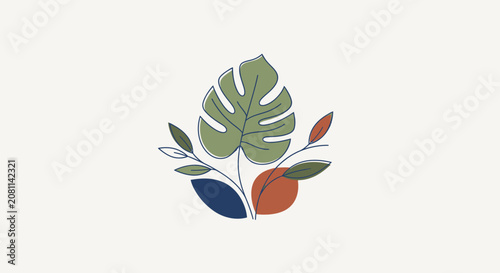 Abstract Botanical Line Art: Monstera Leaf with Geometric Shapes