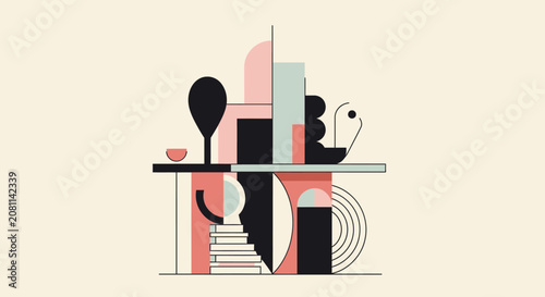 Abstract Geometric Composition with Mid-Century Modern Style
