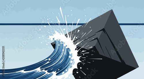 Abstract geometric shape crashing into wave, dark block, water splash