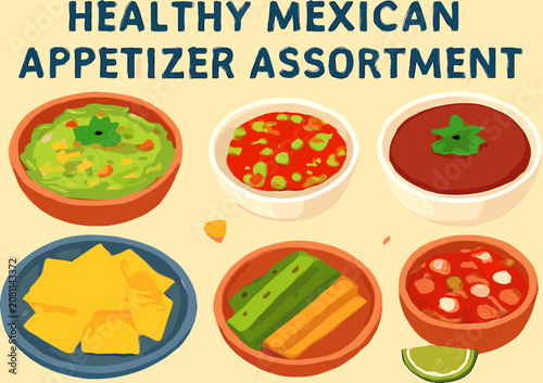 An assortment of healthy Mexican appetizers including guacamole, various salsas, tortilla chips, and pickled vegetables, presented in colorful bowls.