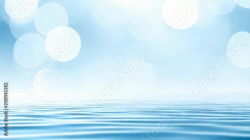 Abstract water surface reflecting bright bokeh light circles in soft blue tones. Minimalist liquid ripples, serene ocean waves, summer glint, bright flare.