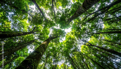 A low-angle view of a dense forest canopy with sunlight filtering through