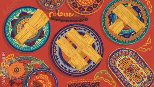 Vibrant illustration of traditional tamales served on beautifully decorated, colorful plates against a rich red background, showcasing cultural cuisine.