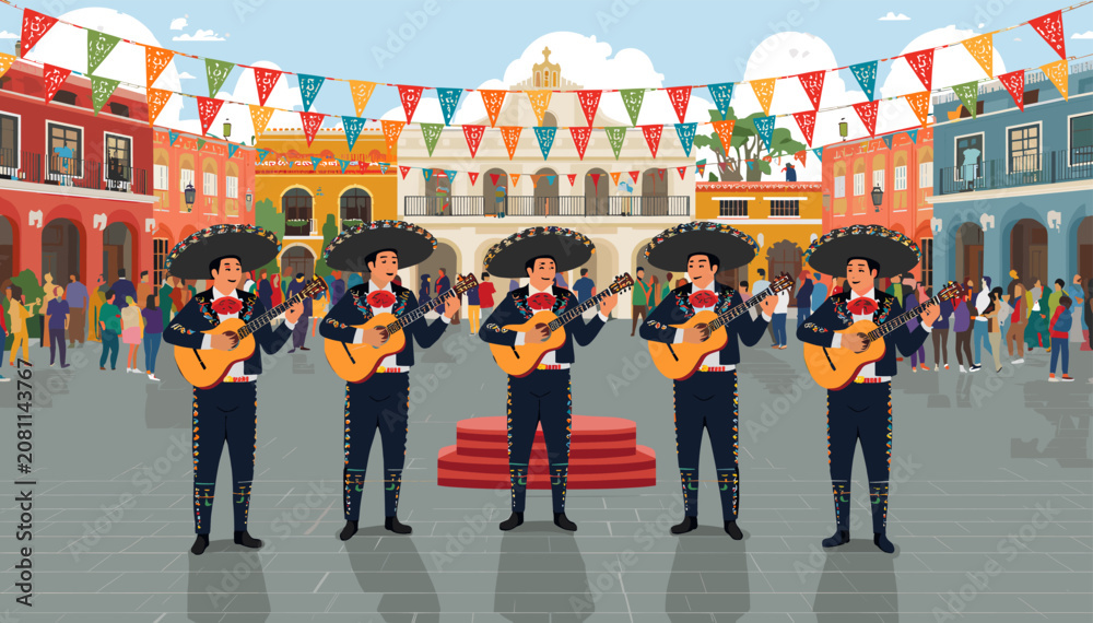 Obraz premium Five mariachi musicians perform in a vibrant town square adorned with colorful banners, surrounded by a lively crowd and traditional architecture.