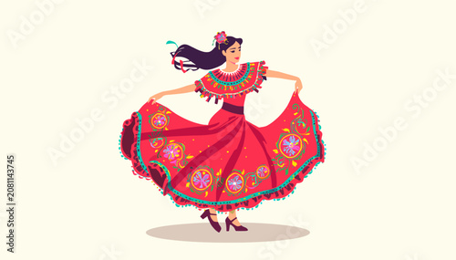 Vibrant illustration of a woman in a traditional red dress with intricate embroidery, dancing gracefully.