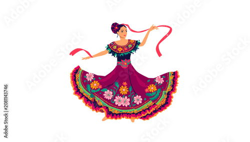Vibrant illustration of a woman in traditional Mexican folk dance attire with colorful floral patterns and red ribbons.