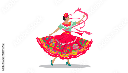 Vibrant illustration of a woman in a traditional red and green dress with floral patterns, dancing gracefully with ribbons flowing, celebrating culture.
