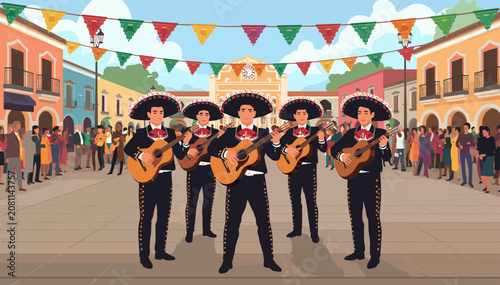 A vibrant illustration of a mariachi band performing traditional Mexican music in a lively town square decorated with colorful banners and surrounded by a cheerful crowd.
