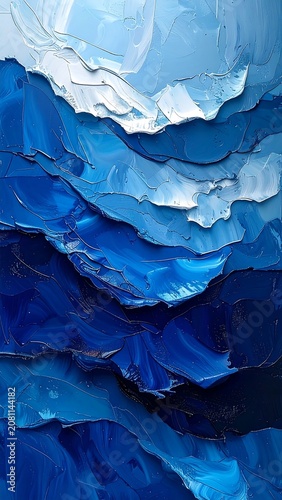 A layered abstract painting featuring various shades of blue