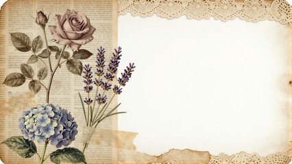 Vintage floral collage on aged paper with lace trim, romantic and nostalgic charm.