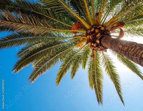 A low-angle view of a palm tree against a bright blue sky