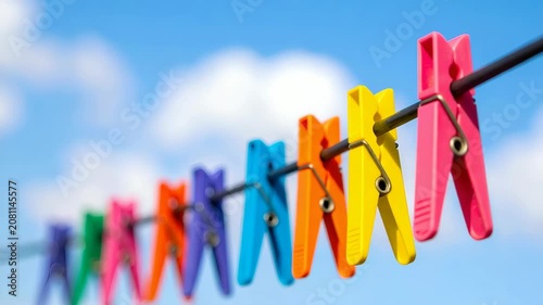 Colorful plastic clothespins attached to a wire line against a bright blue sky. A vibrant row of laundry clips, household accessories for drying clothes.