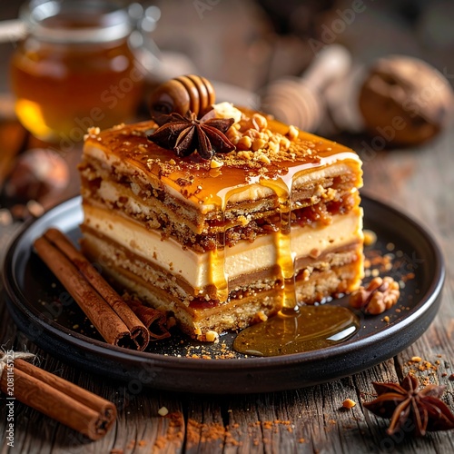 A layered dessert with caramel drizzle and spices on a wooden table