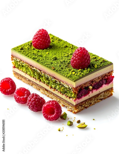 A layered dessert with green and pink fillings, topped with crushed nuts and raspberries