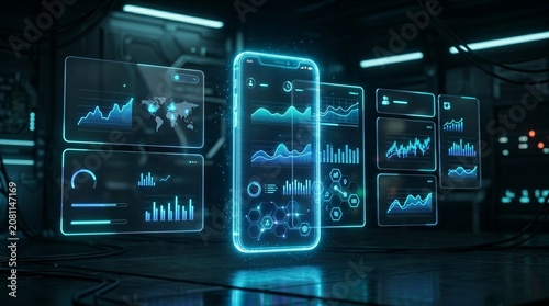 Futuristic digital screens displaying data charts.