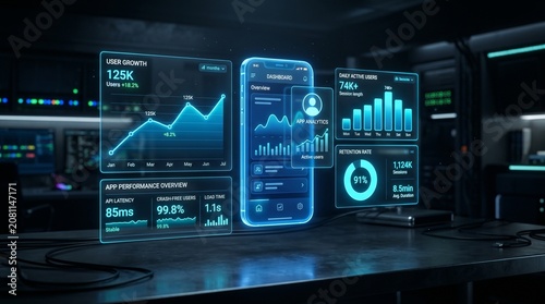 Futuristic digital dashboard with graphs.