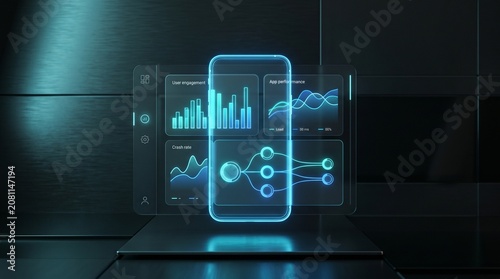 Futuristic smartphone with glowing graphs.