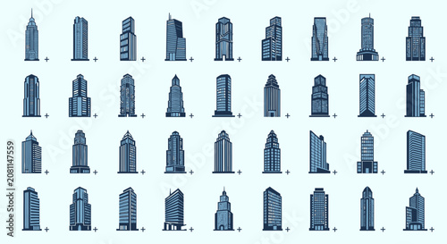 Collection of various modern skyscraper and high rise building silhouettes