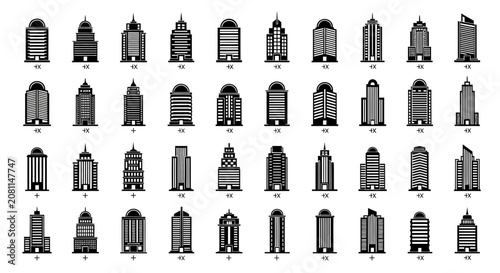 Diverse collection of tall modern building icons in black silhouette on white background