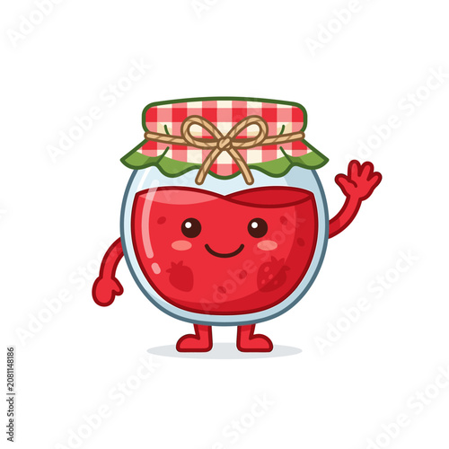 Happy cartoon jar of jam waving hello with a cheerful expression