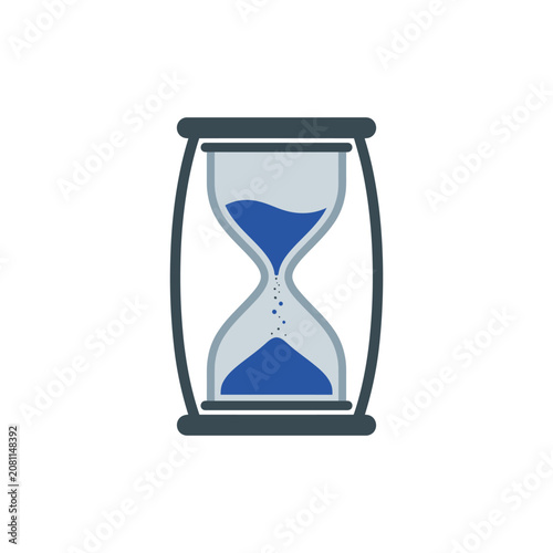 Hourglass device measuring passing time with blue sand falling