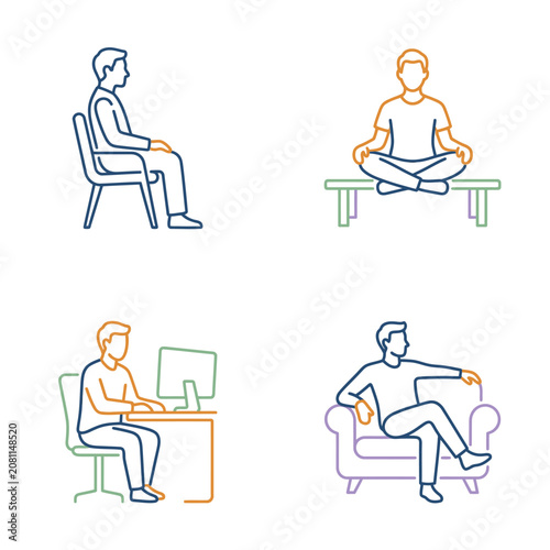 Human figures poses sitting relaxing working meditating lifestyle icons