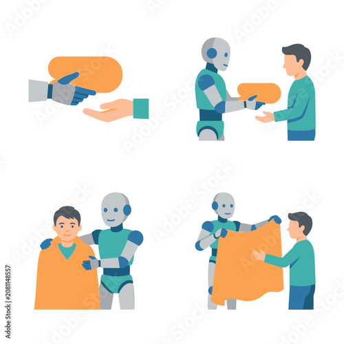 Humanoid robot assisting person with daily tasks and technology