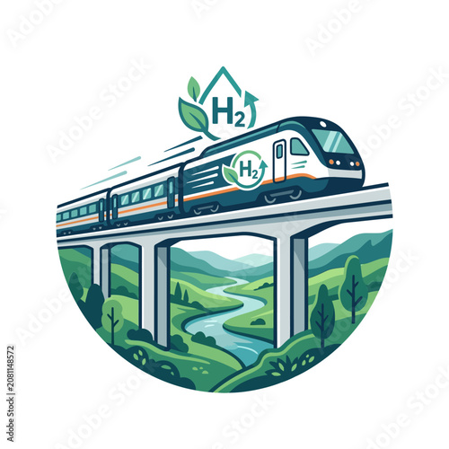 Hydrogen powered train crossing green bridge over river valley.