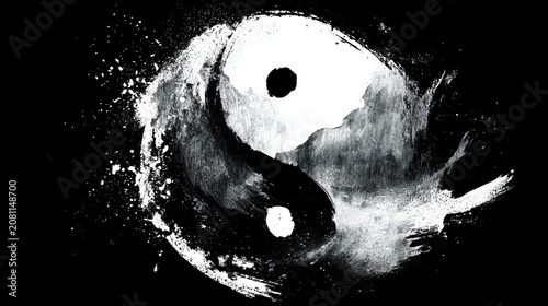 Yin Yang, Chinese philosophy, harmony, balance, Taoism. A monochromatic, abstract depiction of a yinyang symbol. The symbol is painted in black and white.