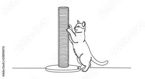 Foto Continuous Line Drawing of a Cat Scratching Post with a Cat