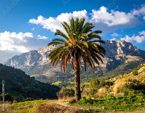 A lone palm tree stands in a grassy field with a mountain range in the background