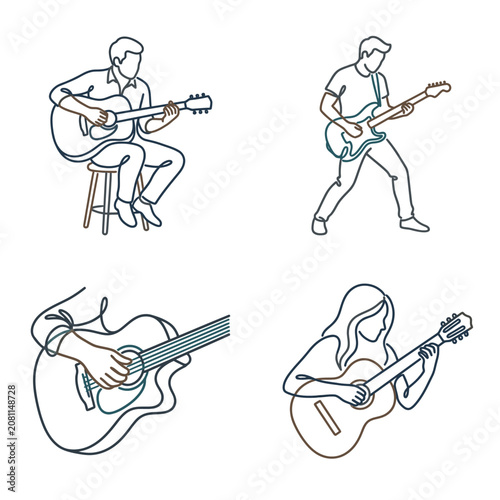 Illustrated musicians playing guitars and bass in line art style.