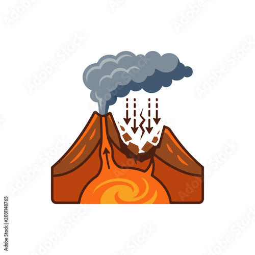 Illustrated Volcano Erupting with Lava and Ash Cloud.