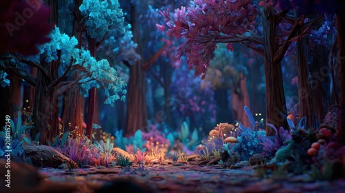 Fantasy wallpaper. A vivid, fantastical depiction of a dense forest at night. The style resembles digital art, blending realism and fantasy.