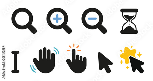 Computer mouse cursor and pointer magnifying glass icon set