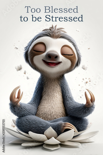 Zen Sloth Meditating on Lotus Flower with 'too Blessed to Be Stressed' Text