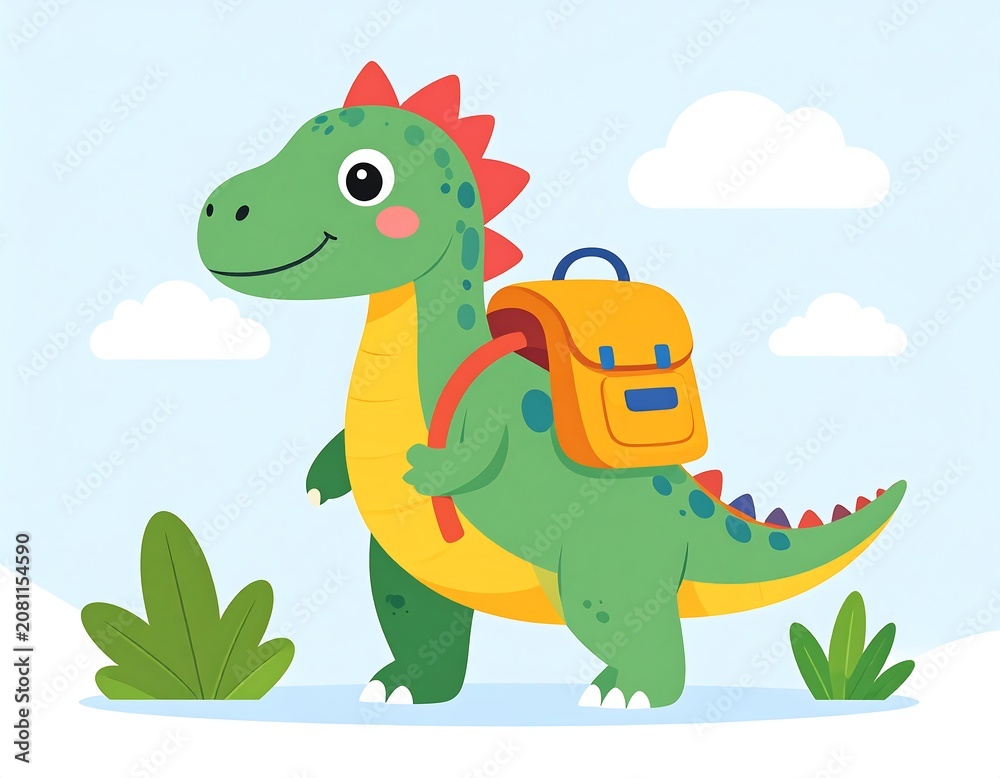 Fototapeta premium Cartoon-style green dinosaur with a backpack standing next to some bushes and clouds
