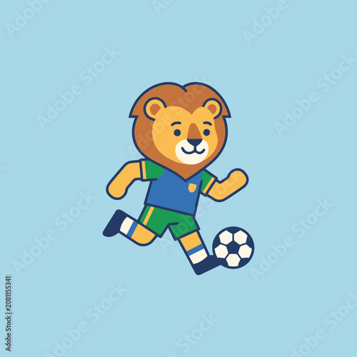 A cute cartoon lion playing a game of soccer on the field