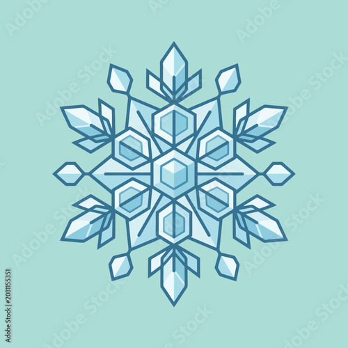 A symmetrical blue snowflake icon on a light blue background