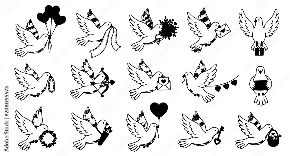 Fototapeta premium Romantic White Pigeon Love Vector Collection with Roses Balloons Rings Envelopes and Flying Birds for Wedding Valentine Greeting Cards and Printable Designs