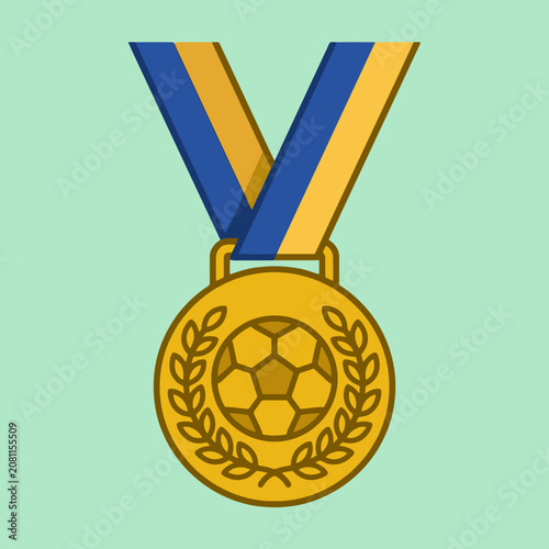 A golden soccer medal with a blue and yellow ribbon