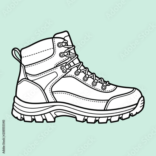 A black and white line art illustration of a sturdy hiking boot