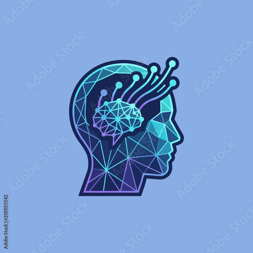 A digital illustration of a human head with a glowing brain