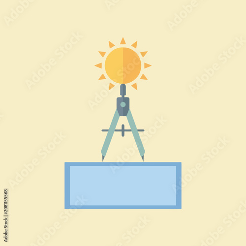 A flat vector illustration of a sun above a drafting compass