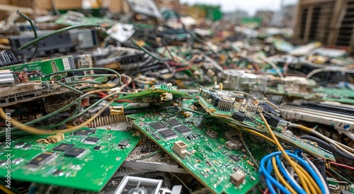 Pile of discarded electronic waste with circuit boards and wires.